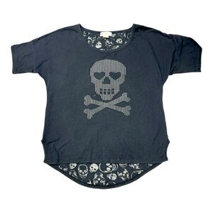 Black Rocker Girl Skull Graphic Top with Skull Cut Out Lace Back